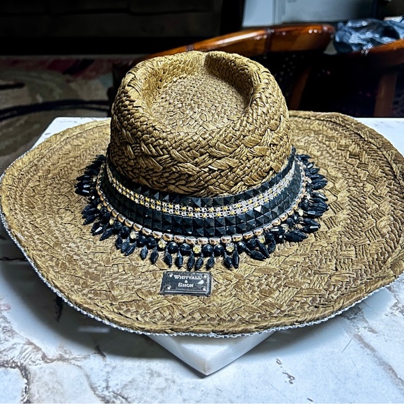 Whittall & Shon ~Brown W/Black & Gold Beaded/Rhinestones Bling Straw Cowboy Hat - Picture 9 of 16